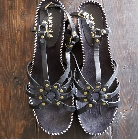 👡AEROSOLES BLACK LEATHER WEDGE SANDALS - Picture 2 of 3